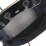Pre-owned Hermes Birkin 35 Bleu Marine Shiny Porosus Crocodile 18K White Gold Diamond Hardware - Thumbnail View 9