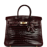 Vintage Hermes Birkin 25 Bordeaux Shiny Porosus Crocodile Gold Hardware - Thumbnail View 1