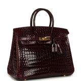 Vintage Hermes Birkin 25 Bordeaux Shiny Porosus Crocodile Gold Hardware - Thumbnail View 2