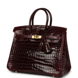 Vintage Hermes Birkin 25 Bordeaux Shiny Porosus Crocodile Gold Hardware - Thumbnail View 5