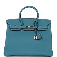 Vintage Hermes Birkin 35 Blue Jean Togo Palladium Hardware