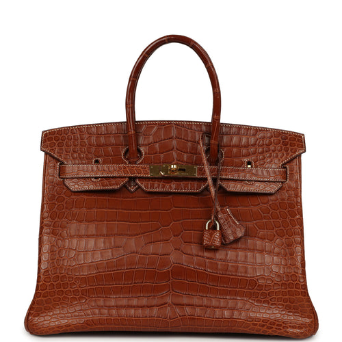 Pre-owned Hermes Birkin 35 Gold Matte Barenia Porosus Crocodile Gold Hardware