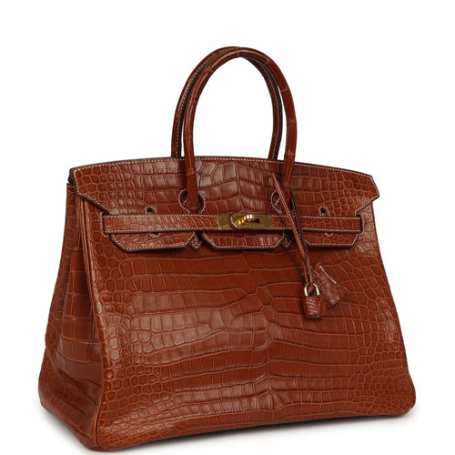 Pre-owned Hermes Birkin 35 Gold Matte Barenia Porosus Crocodile Gold Hardware
