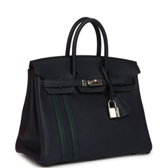 Pre-owned Hermes Officier Birkin 25 Bleu Nuit Togo and Vert Cypress Swift Palladium Hardware