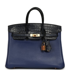 Pre-owned Hermes Birkin 25 Bleu Saphir Taurillion Novillo and Bleu Marine Matte Alligator Touch Rose Gold Hardware