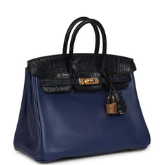 Pre-owned Hermes Birkin 25 Bleu Saphir Taurillion Novillo and Bleu Marine Matte Alligator Touch Rose Gold Hardware