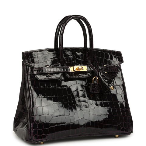 Hermes Birkin 25 Prunoir Shiny Niloticus Crocodile Gold Hardware