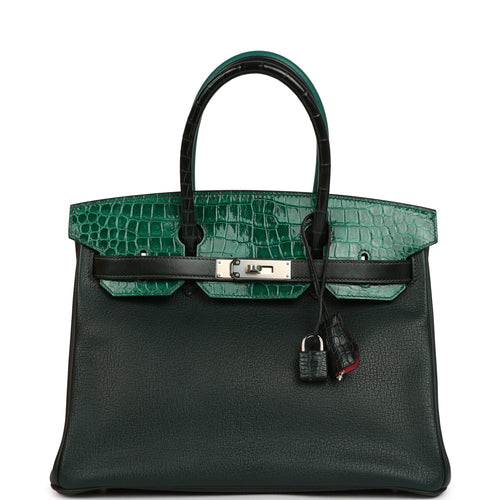 Pre-owned Hermes "Patchwork" Birkin 30 Vert Titien, Vert Fonce, Malachite, Emeraude Chevre Mysore, Clemence, Shiny Porosus Crocodile, Epsom, Swift, Box Palladium Hardware