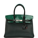 Pre-owned Hermes "Patchwork" Birkin 30 Vert Titien, Vert Fonce, Malachite, Emeraude Chevre Mysore, Clemence, Shiny Porosus Crocodile, Epsom, Swift, Box Palladium Hardware - Thumbnail View 1