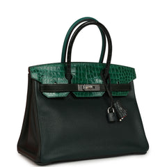 Pre-owned Hermes "Patchwork" Birkin 30 Vert Titien, Vert Fonce, Malachite, Emeraude Chevre Mysore, Clemence, Shiny Porosus Crocodile, Epsom, Swift, Box Palladium Hardware