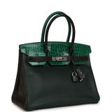 Pre-owned Hermes "Patchwork" Birkin 30 Vert Titien, Vert Fonce, Malachite, Emeraude Chevre Mysore, Clemence, Shiny Porosus Crocodile, Epsom, Swift, Box Palladium Hardware - Thumbnail View 2