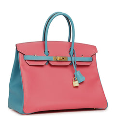 Pre-owned Hermes Special Order (HSS) Birkin 35 Rose Lipstick, Bleu Du Nord Epsom Brushed Gold Hardware