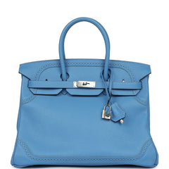 Pre-owned Hermes Birkin Ghillies 35 Bleu Paradise Clemence, Evercolor Palladium Hardware