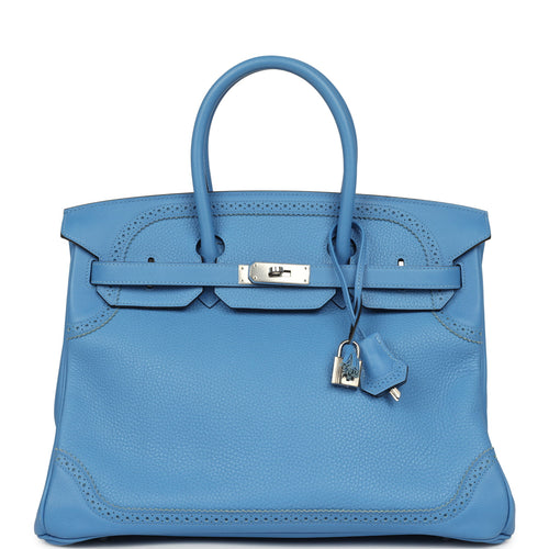 Pre-owned Hermes Birkin Ghillies 35 Bleu Paradise Clemence, Evercolor Palladium Hardware