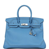 Pre-owned Hermes Birkin Ghillies 35 Bleu Paradise Clemence, Evercolor Palladium Hardware - Thumbnail View 1