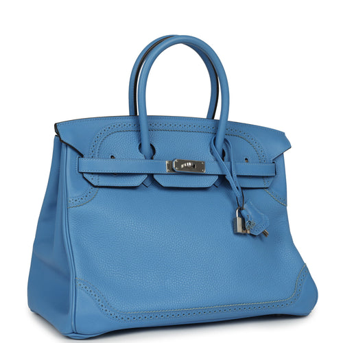 Pre-owned Hermes Birkin Ghillies 35 Bleu Paradise Clemence, Evercolor Palladium Hardware