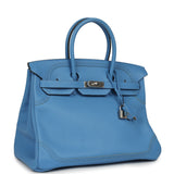 Pre-owned Hermes Birkin Ghillies 35 Bleu Paradise Clemence, Evercolor Palladium Hardware - Thumbnail View 2