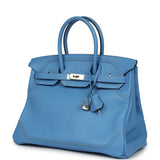 Pre-owned Hermes Birkin Ghillies 35 Bleu Paradise Clemence, Evercolor Palladium Hardware - Thumbnail View 5