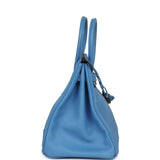 Pre-owned Hermes Birkin Ghillies 35 Bleu Paradise Clemence, Evercolor Palladium Hardware - Thumbnail View 3