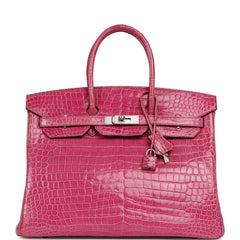 Pre-owned Hermes Birkin 35 Rose Scheherazade Shiny Porosus Crocodile Palladium Hardware