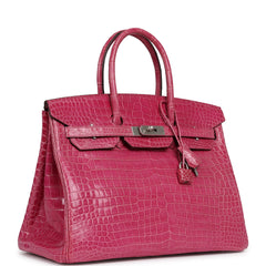 Pre-owned Hermes Birkin 35 Rose Scheherazade Shiny Porosus Crocodile Palladium Hardware