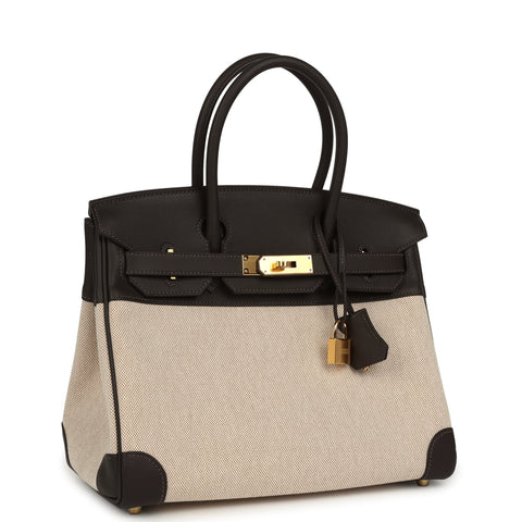 Hermes Birkin 30 Ecru and Beige Toile H Canvas, Bai Brun Swift Gold Hardware