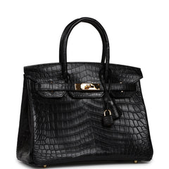 Pre-owned Hermes Birkin 30 Black Matte Niloticus Crocodile Gold Hardware