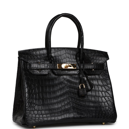 Pre-owned Hermes Birkin 30 Black Matte Niloticus Crocodile Gold Hardware