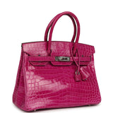 Pre-owned Hermes Birkin 30 Rose Scheherazade Shiny Niloticus Crocodile Palladium Hardware - Thumbnail View 2
