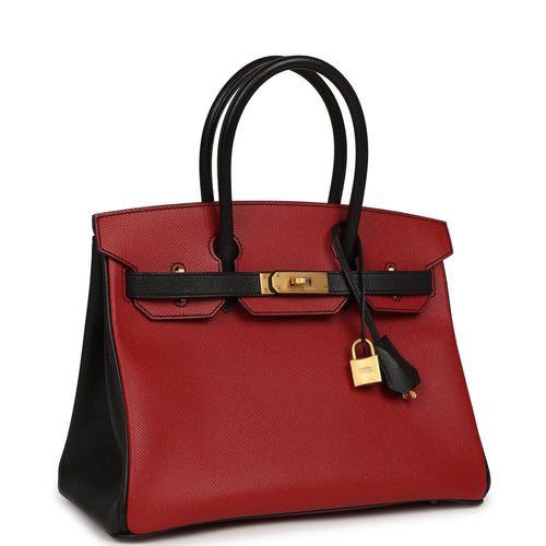 Pre-owned Hermes Special Order (HSS) Birkin 30 Rouge Vif, Black Epsom Brushed Gold Hardware
