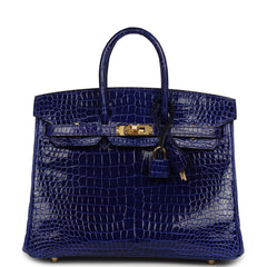 Hermes Birkin 25 Bleu Electric Shiny Porosus Crocodile Gold Hardware