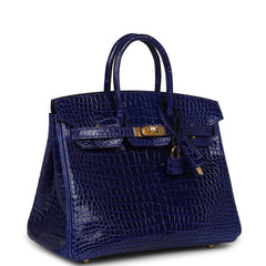 Hermes Birkin 25 Bleu Electric Shiny Porosus Crocodile Gold Hardware