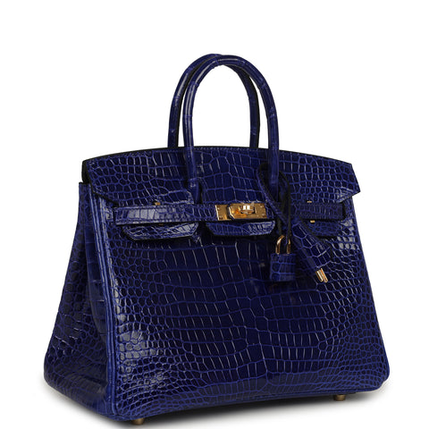 Hermes Birkin 25 Bleu Electric Shiny Porosus Crocodile Gold Hardware