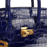 Hermes Birkin 25 Bleu Electric Shiny Porosus Crocodile Gold Hardware - Thumbnail View 7