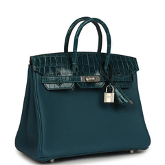 Hermes Birkin 25 Vert Bosphore Togo, Shiny Niloticus Crocodile Touch Palladium Hardware