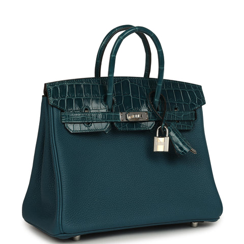 Hermes Birkin 25 Vert Bosphore Togo, Shiny Niloticus Crocodile Touch Gold Hardware