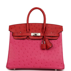 Hermes Birkin 25 Rose Tyrien, Rouge Vif Ostrich Touch Palladium Hardware
