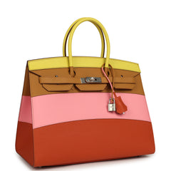 Hermes "Sunrise" Birkin Sellier 35 Lime, Sesame, Rose Confetti, Terre Battue Epsom Palladium Hardware
