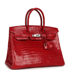 Pre-owned Hermes Birkin 35 Braise Shiny Porosus Crocodile Palladium Hardware