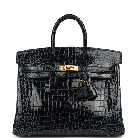Hermes Birkin 25 Bleu Baltique Shiny Porosus Crocodile Gold Hardware