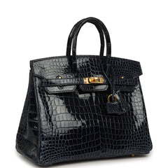 Hermes Birkin 25 Bleu Baltique Shiny Porosus Crocodile Gold Hardware