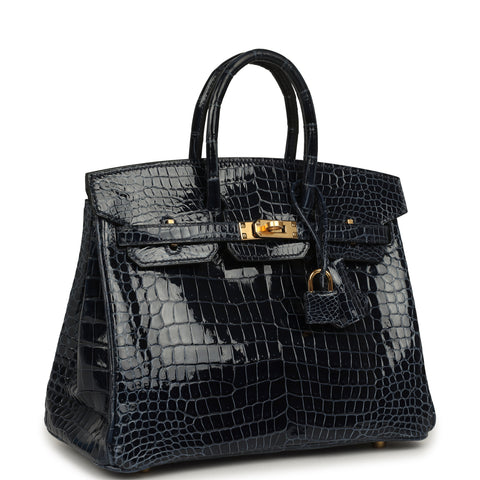 Hermes Birkin 25 Bleu Baltique Shiny Porosus Crocodile Gold Hardware
