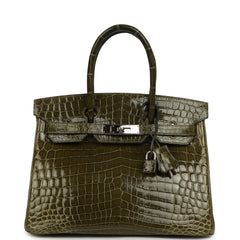 Pre-owned Hermes Birkin 30 Vert Olive Shiny Niloticus Crocodile Palladium Hardware
