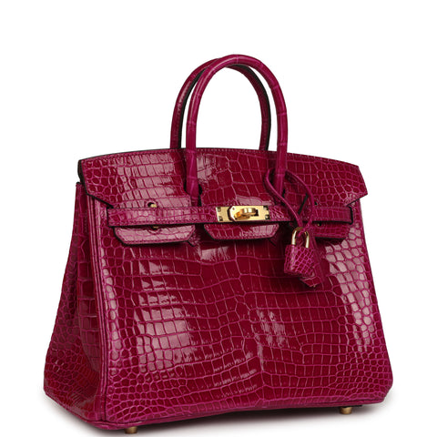 Hermes Birkin 25 Rose Sheherazade Shiny Porosus Crocodile Gold Hardware