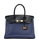 Pre-owned Hermes Birkin 30 Bleu Saphir Novillo, Bleu Marine Matte Alligator Touch Rose Gold Hardware - Thumbnail View 1