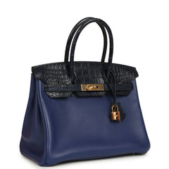 Pre-owned Hermes Birkin 30 Bleu Saphir Novillo, Bleu Marine Matte Alligator Touch Rose Gold Hardware