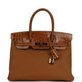 Pre-owned Hermes Birkin 30 Caramel Togo, Tabac Camel Shiny Niloticus Crocodile Touch Gold Hardware - Thumbnail View 1
