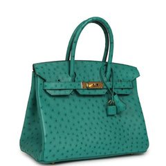 Pre-owned Hermes Birkin 30 Vert Verone Ostrich Gold Hardware