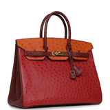 Vintage Hermes Birkin 35 Tangerine, Rouge H, Rouge Vif Ostrich Gold Hardware - Thumbnail View 2