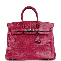 Pre-owned Hermes Birkin 35 Rose Scheherazade Shiny Porosus Crocodile Palladium Hardware